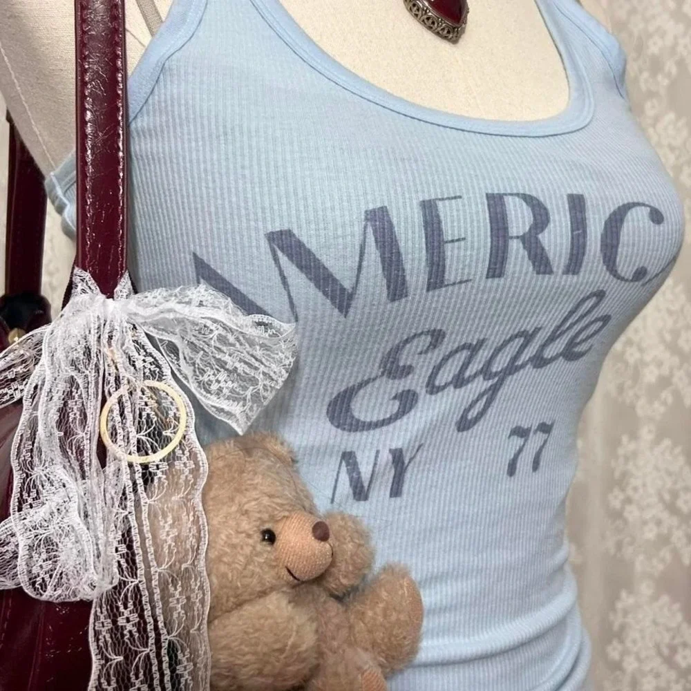 American Eagle‎ Baby Blue Tank Top Size XS Summer Graphic Preppy Lounge - Picture 4 of 6